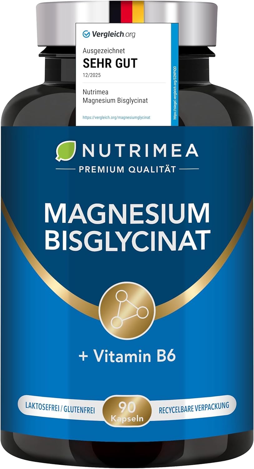 Magnesium Bisglycinat Premium + Vitamin B6 | 300mg Pro Tagesdosis - Maximale Aufnahme - Hochdosiert, Vegan, Ohne Zusätze | Nutrimea - Premium Qualität