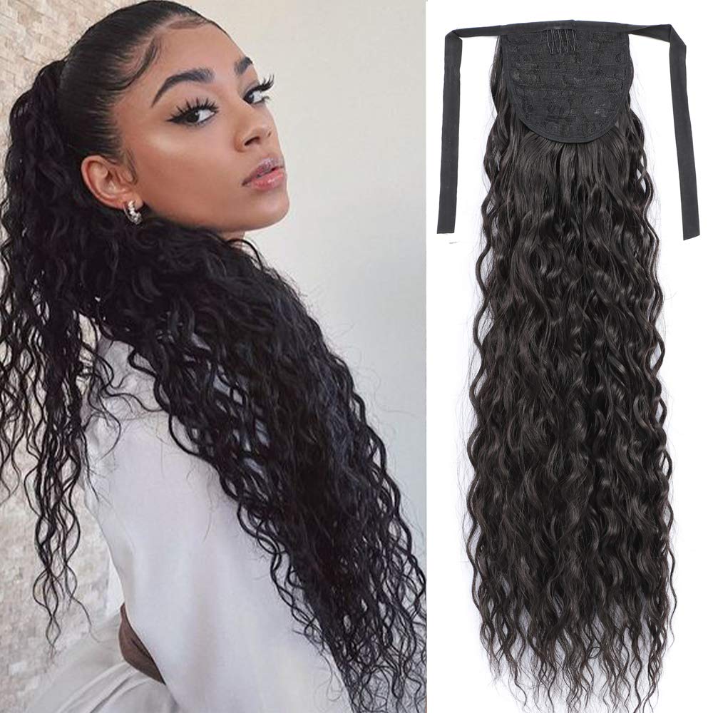 Sylhair Curly Ponytail Extension for Women 30 inch Tie Up Water Wave Hair Ponytail Hair Piece Drawstring Ponytail Clip in Ponytail Hair Extensions (Natural Black, Weight:150g)
