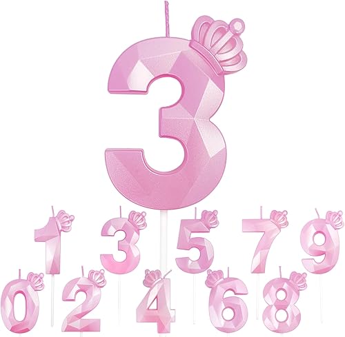 Vela de número de corona de 3 pulgadas, vela rosa 3 en forma de diamante 3D, diseño de corona, vela de cumpleaños adecuada para fiestas de