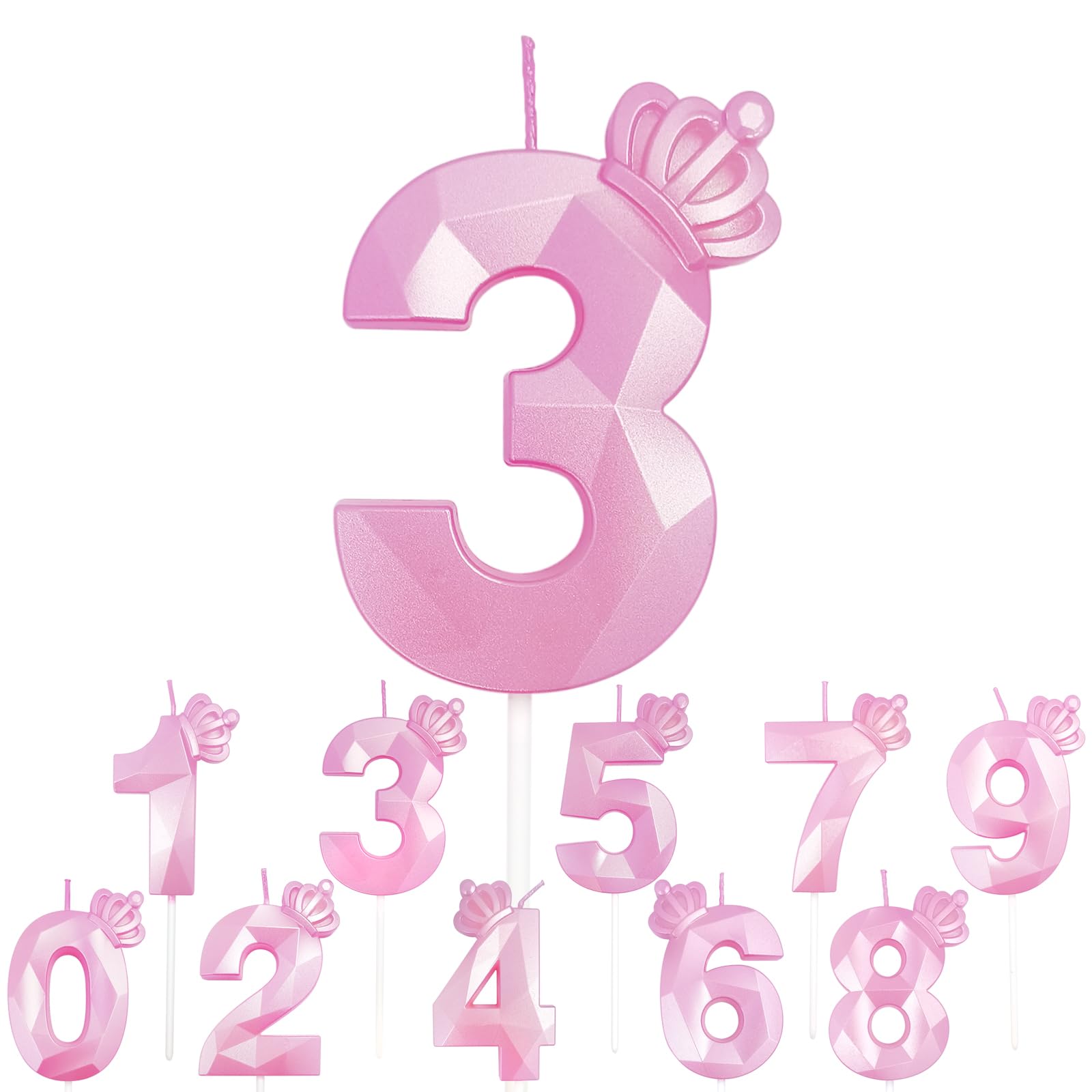 Crown Number Birthday Candles - 3D Diamond Shape With Crown Design For Cake Decorating (Pink, 3 Inch)