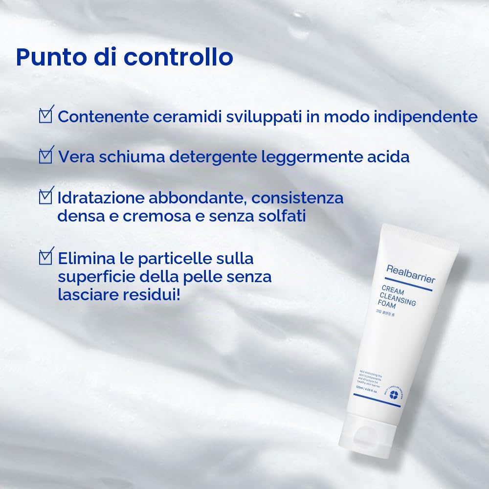 Real Barrier Cream Cleansing Foam 120ml, Schiuma detergente viso idratante delicata a base di amminoacidi senza solfati, detergente per la protezione della barriera cutanea con ceramide