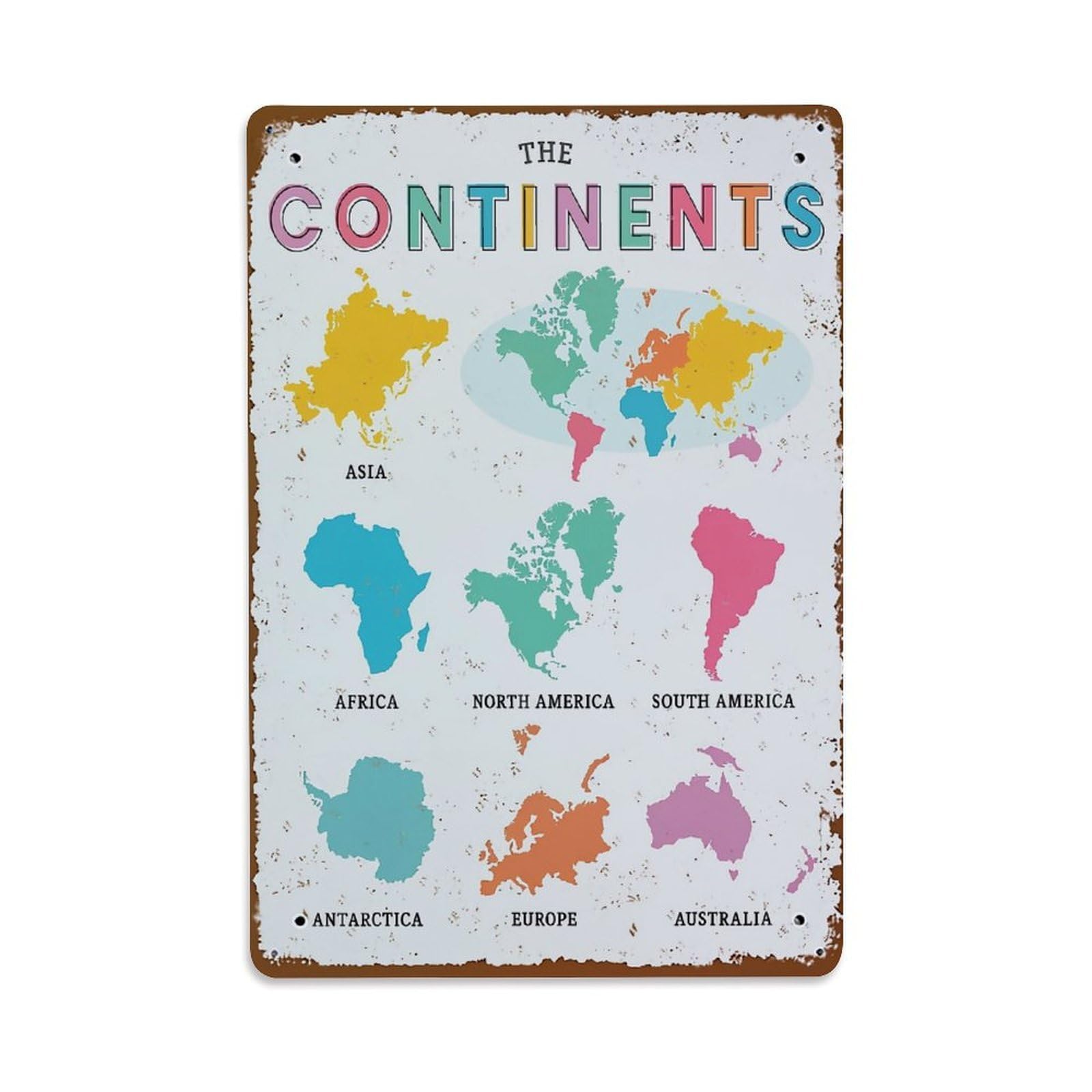 Jdfenggu Vintage Colorful Continent Maps With Labels Retro Metal Tin Sign, Decor Art Poster For Bar, Home, Man Cave, Kitchen, Laundry Room Gift 8X12inch