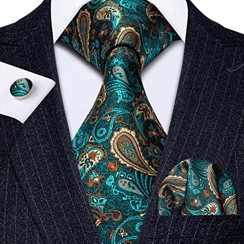 Barry.wang Mens Paisley Tie Silk Jacquard Green Turquoise Flower Wedding Fashion Necktie And Pocket Square Cufflinks Shamrock Day Formal Business #TOP2