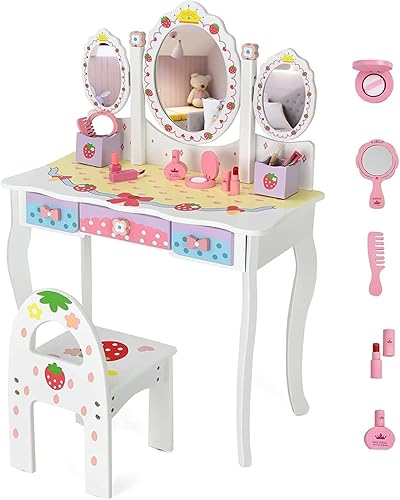 Miniatura 10 de HONEY JOY Vanity - Juego de tocador y silla de madera de princesa de fresa con espejo ovalado de tres pliegues y accesorios de vidrio real, parte