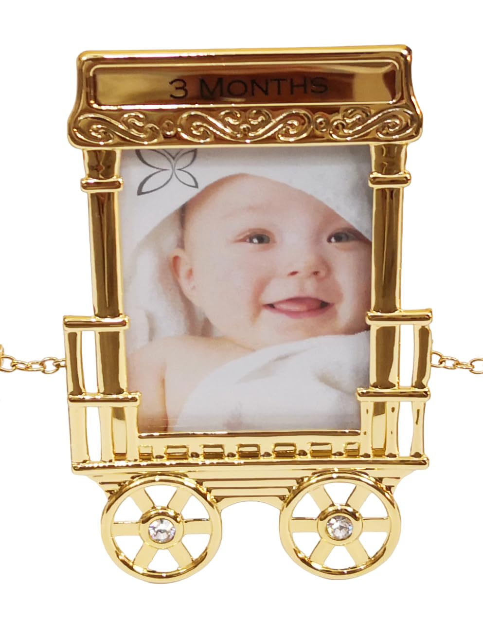 CORNICE PORTAFOTO Trenino con 2 vagoni GOLD con scritta NEW BORN - 3 e 6 MONTHS - CRYSTOCRAFT BOMBONIERE Nascita Battesimo Bimbo Bimba