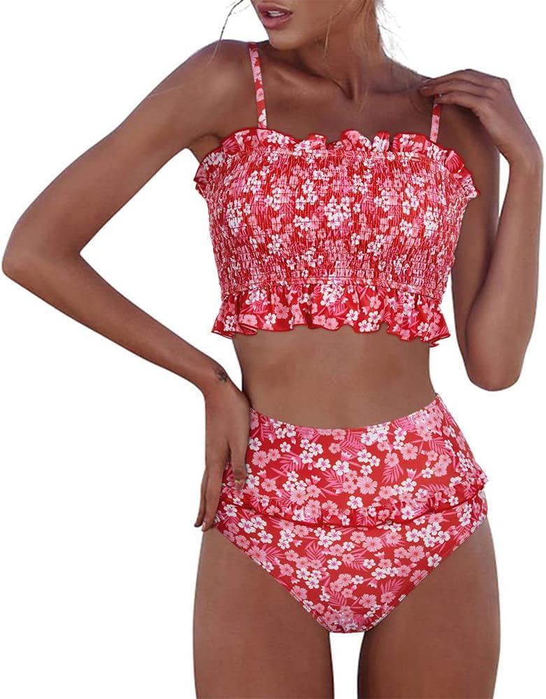 RXRXCOCOWomens Shirred Bandeau Bikini Cute Two Piece Swimsuit Off Shoulder High Waist Bathing Suit