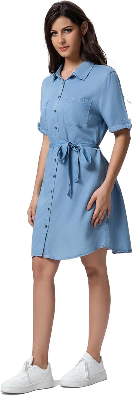 FASHIONSPARK Women's Denim Tie Waist Dress Button Down Short Sleeve Dresses Solid Casual Jean Pocket Dresses - Image 5