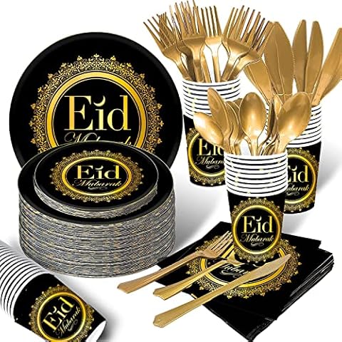 Bdecoll 24 Guests 96 Pieces Black Gold Ramadan Eid Mubarak Party Tableware, Ramadan Festival Theme Tableware Plates, Cups, Napkins, Purple and Gold Star Moon Motif, Perfect for Eid Ramadan Party Cover