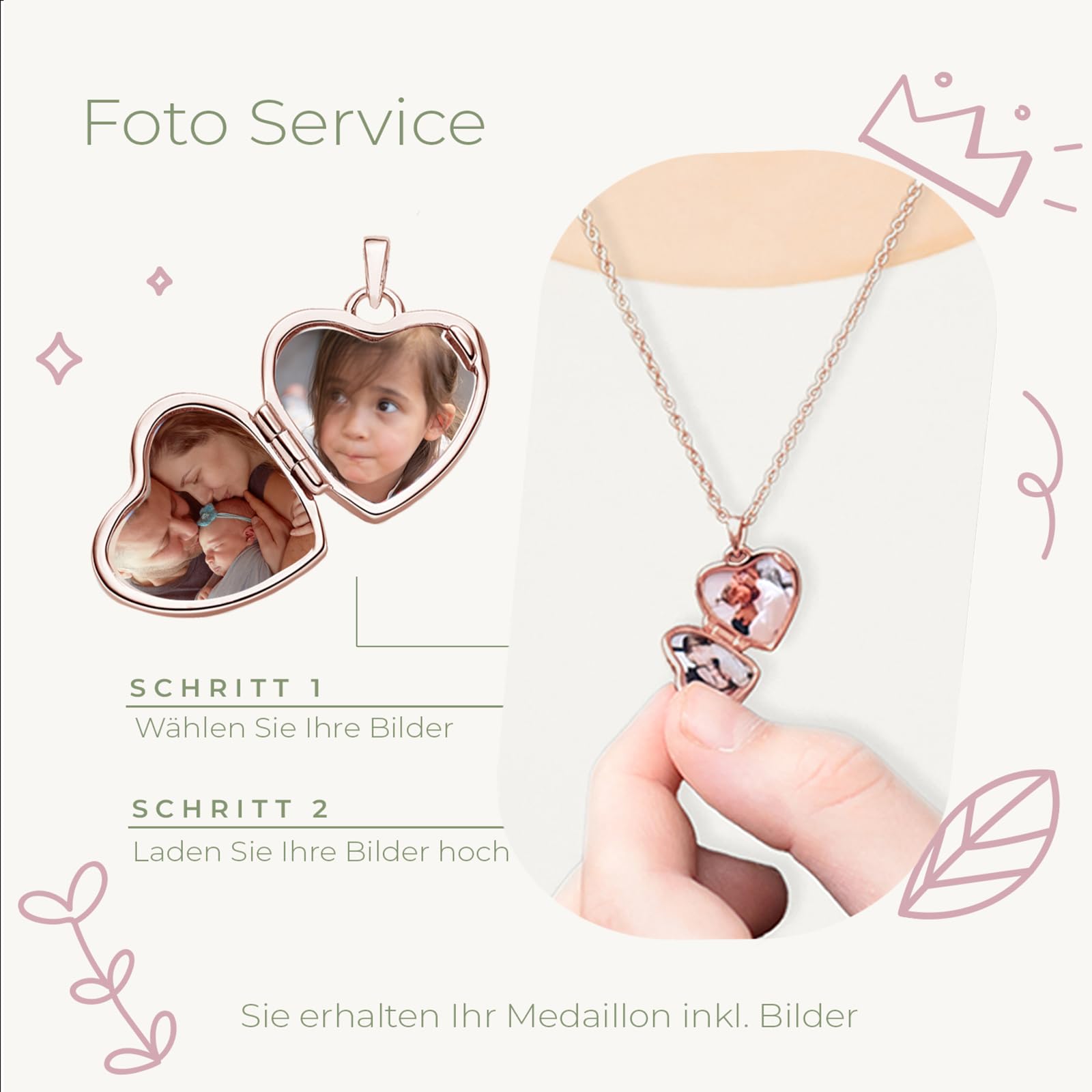 Kette Mädchen Kommunion Geschenk, Kinder Medaillon Herz zum Öffnen mit Bild | Silber 925 und Gold / Rosegold, Halskette 38cm, Foto Service & Gravur Symbol Name personalisiert