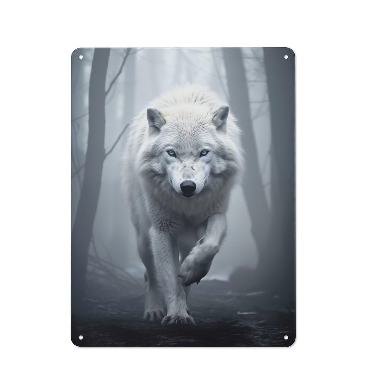 Junmoney Style-23 White Wolf In Foggy Forest Rustic Metal Sign 40X30cm For Garden Room Or Summerhouse, For Themed Interiors In Garden Rooms And Summerhouses