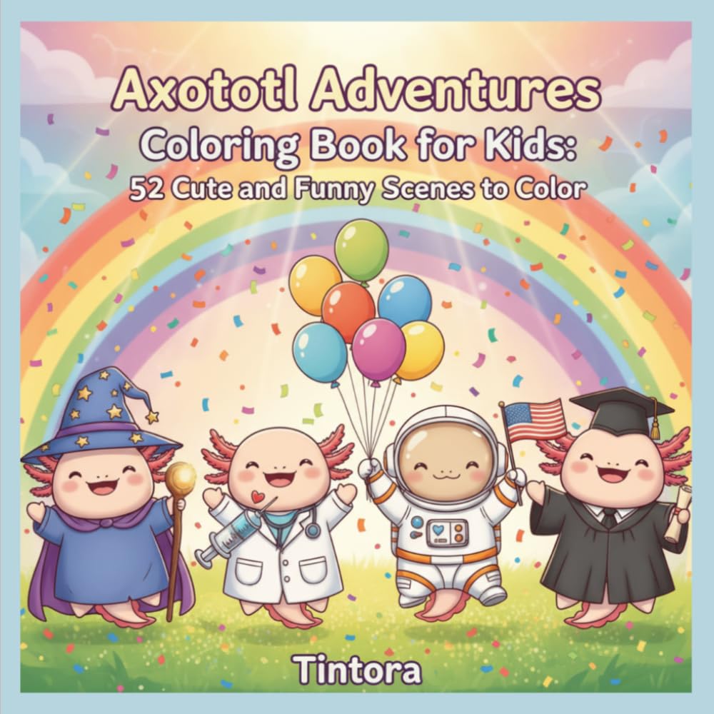 Axolotl Adventures Coloring Book for Kids: 52 Cute and Funny Scenes to Color: Kawaii Coloring Pages Featuring Axolotls as Wizards, Doctors, Graduates, ... and More for Boys and Girls Ages 4 to 10