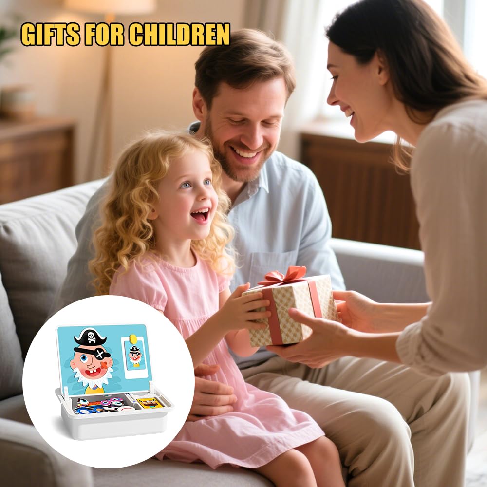 Magnetspiel, 3 In 1 Magnetische Puzzle für Kinder, Pädagogisches Magnetgeschenk Montessori Spielzeug mit Tafel 8 Pinsel 12 Karten Magnetisches Lernspiel Reisespiel ab 3 Jahre für Unterwegs (Gesicht)
