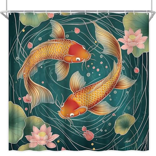 Koi Fish Shower Curtain Japanese Carp Lotus Flower Leaves Pond Asian Traditional Watercolor Ink Painting Art Fabric Bathroom Decor Curtain Sets with Hooks (70