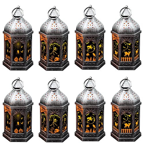 Llq 5" Halloween Lanterns Decoration, Mini Hanging Halloween Lantern Candles, Led Lights With Mirror Glass, Portable Jack-O-Lantern For Indoor Outdoor Party Decor 8 Pack, Silver Brush #TOP28