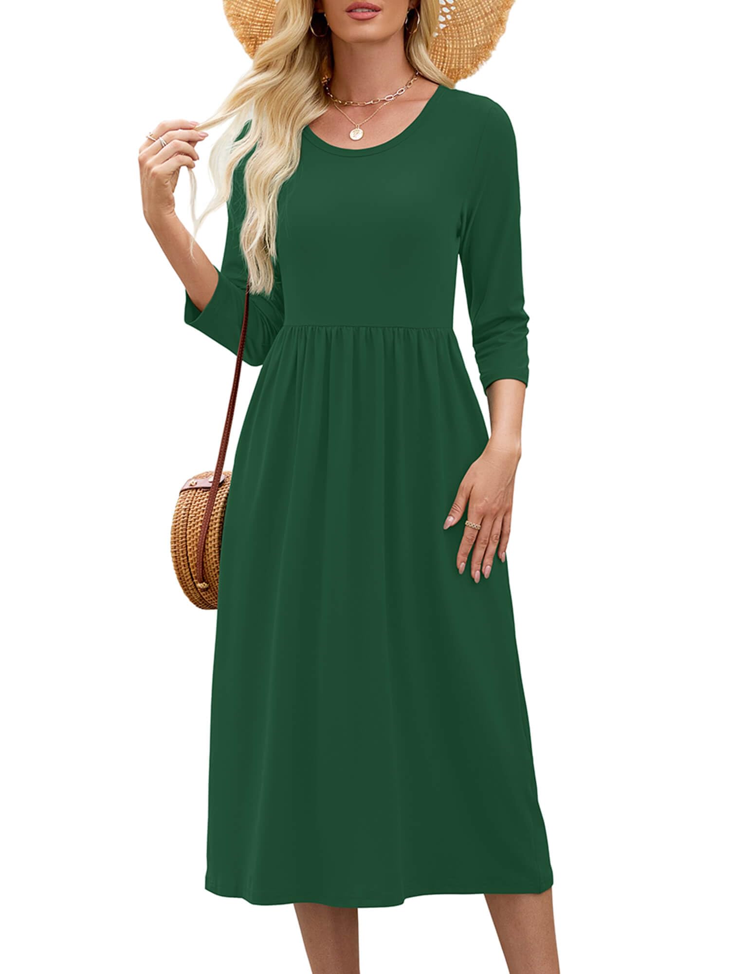 Heymoments Women Dresses Green Small Wedding Guest Crewneck 3/4 Sleeves A line Casual Flowy Swing Cocktail Slimming Birthday Party Spring Fall Winter Travel Long Midi Dress with Pocket