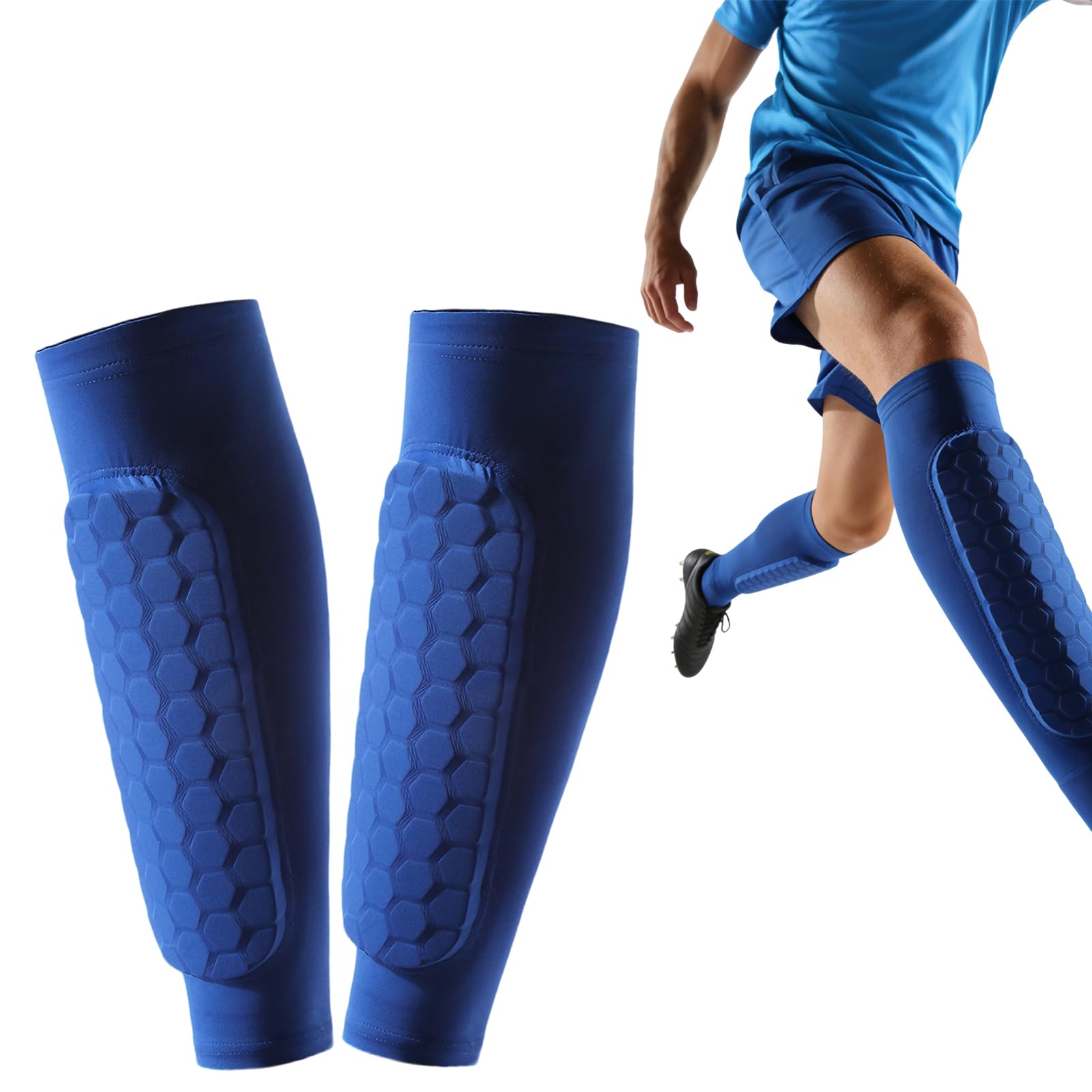 Compression Sleeve with Honeycomb Pads, Football Shin Guards Sleeves, Shin Guards for Defender, Soccer Defender Pad for Teenagers and Adults Lightweight Comfortable Fit (Black) (Blue, XS)