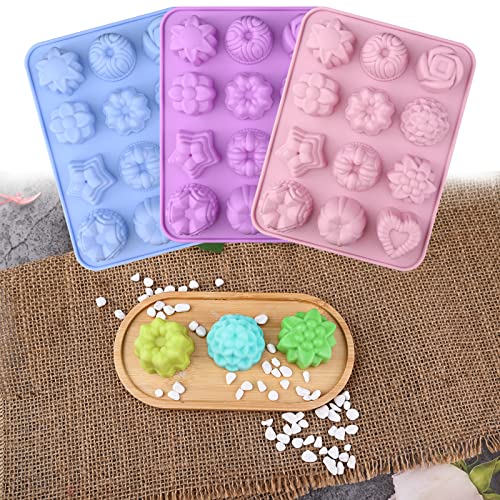 Image of Sakolla 3 Pack Flower Soap Molds, 12 Cavities Different Shapes Silicone Molds for Soap, Lotion Bar, Bath Bombs, Chocolate, Candy