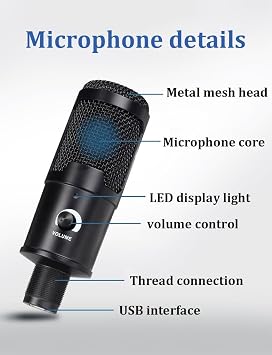 USB Microphone • Metal Condenser Recording • Microphone Tripod • For Laptop Mac or Windows • Cardioid Studio Recording Vocals, Voice Over, Streaming, YouTube Video
