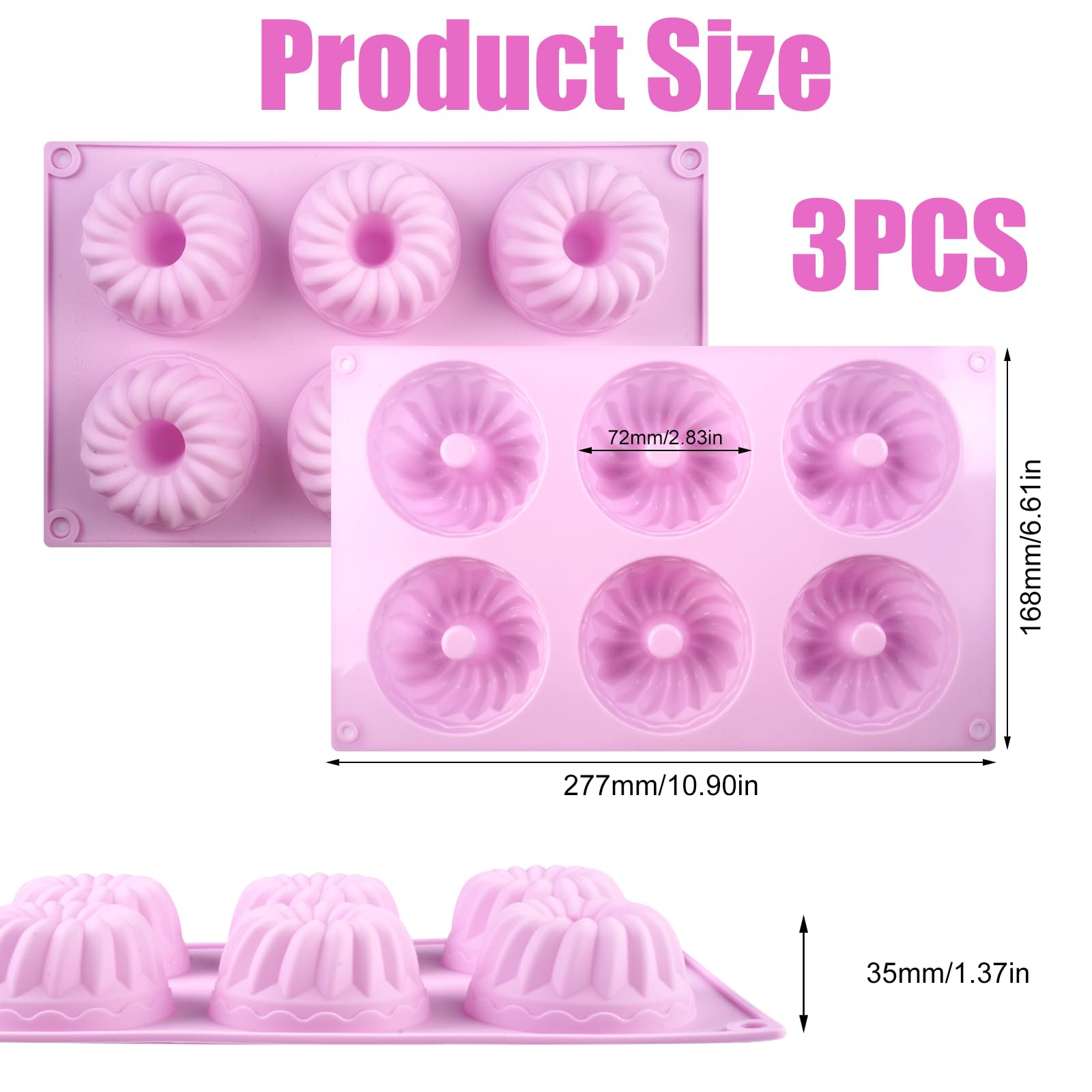 3 sztuki mini silikonowej formy do babeczek Ø 7 cm, silikonowe formy do gugelhupf, przeznaczone na 6 sztuk, silikonowa forma do pieczenia gugelhupf z powłoką przeciwklejącą, wielokrotnego użytku
