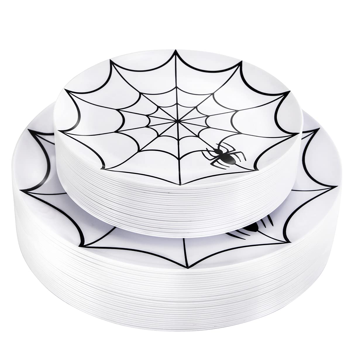 WDF 60Pieces Halloween Plates Disposable Plastic - White and Black Plates with Cobwebs Halloween Dinnerware include 30PCS 10.25inch Plates and 30PCS 7.5inch Plates for Halloween