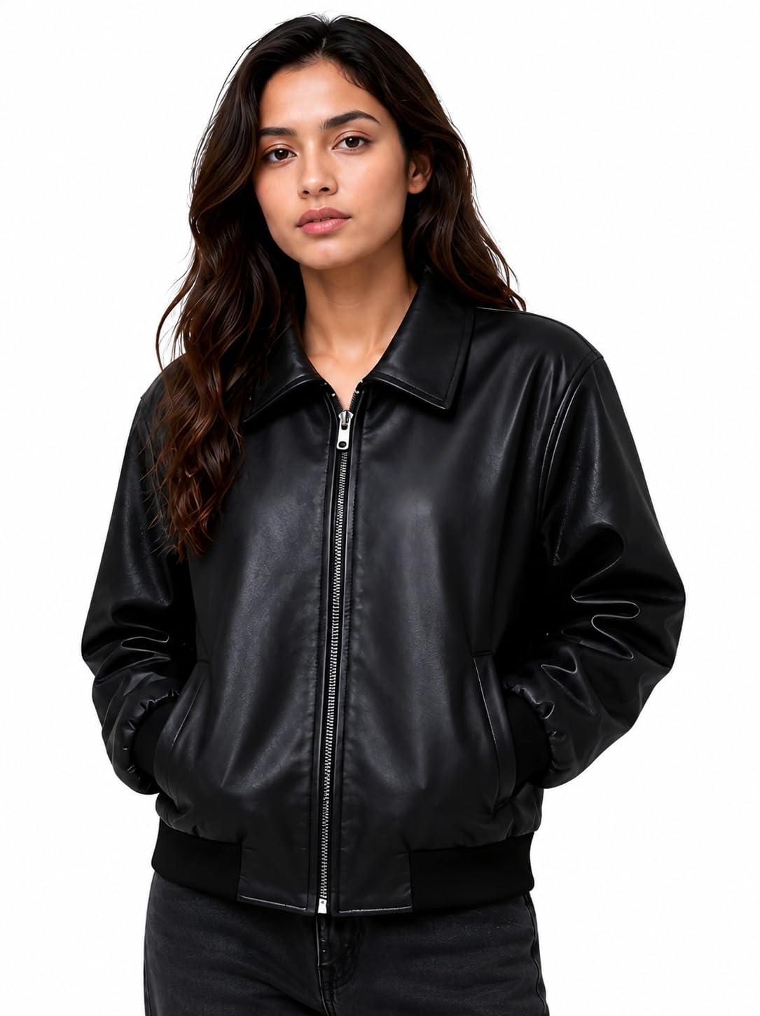 【CULLNI 24ss】Faux Leather Shirt Jacket Women's Faux Leather Jacket | Biker Motorcycle Jacket with Zip