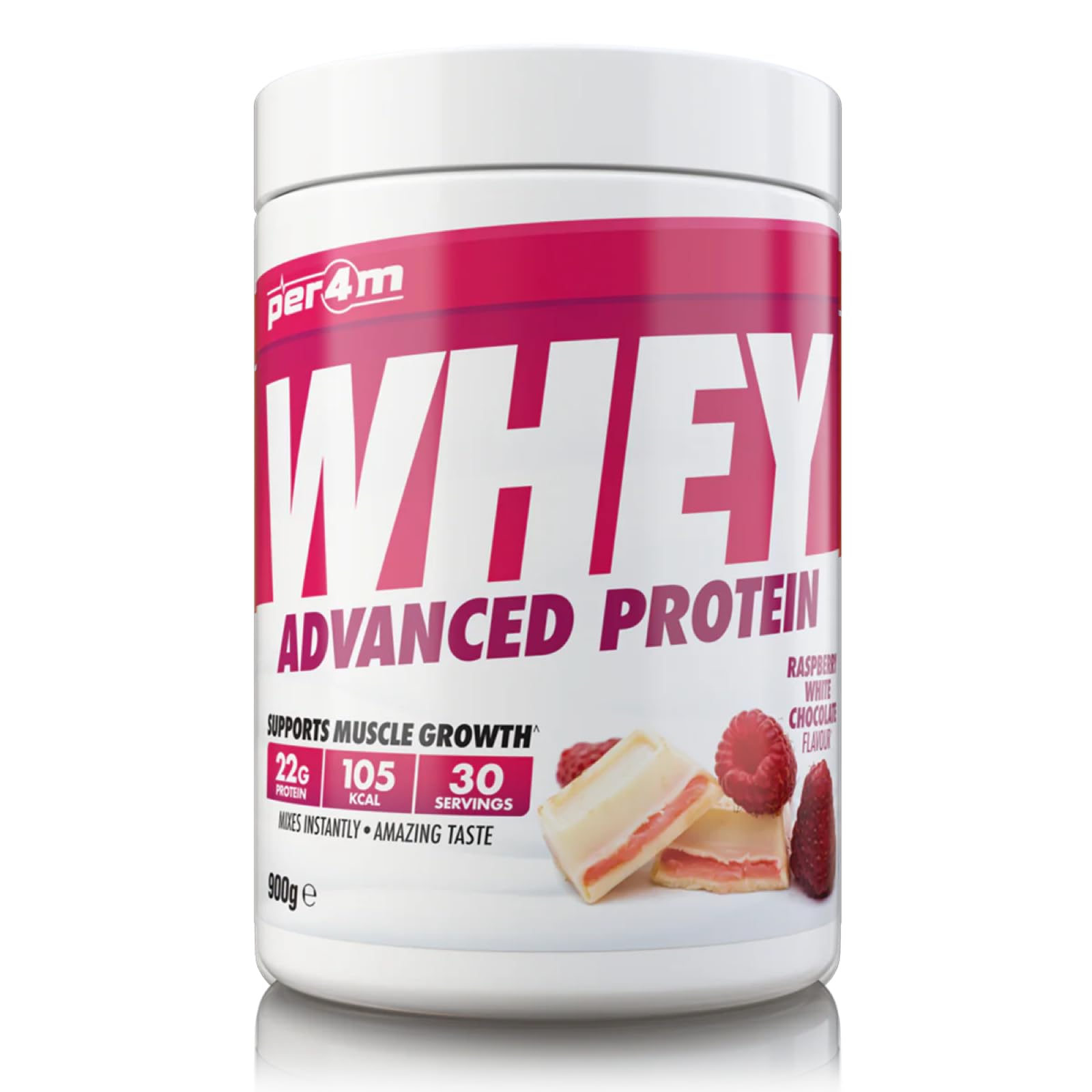 Per4m Protein Whey Powder | 30 Servings of High Protein Shake with Amino Acids | for Optimal Nutrition When Training | Low Sugar Gym Supplements (Raspberry White Chocolate, 900g)