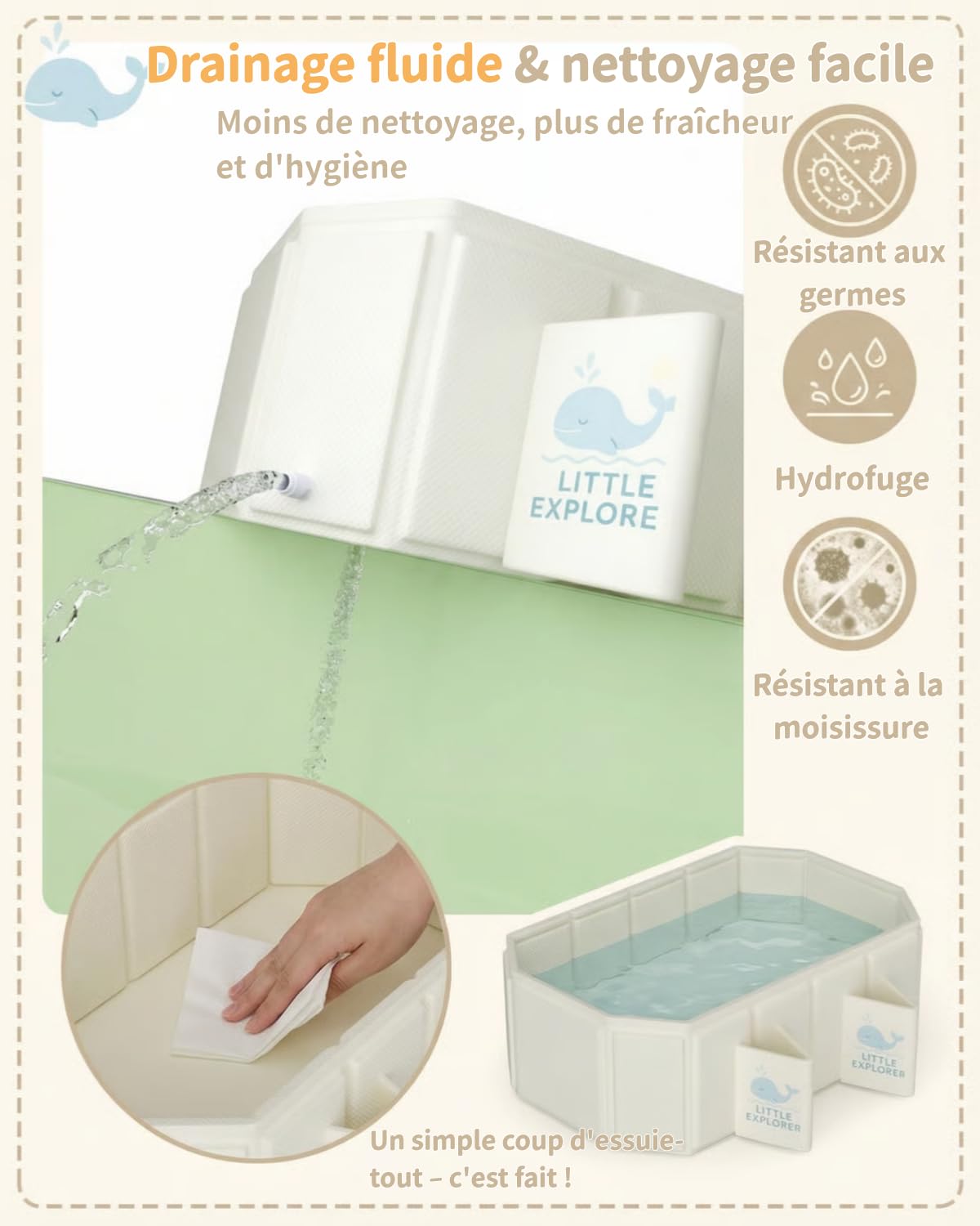 Navicella pieghevole per neonati e bambini da 0 a 6 anni, vasca da bagno pieghevole per doccia, vasca da bagno per bambini con 4 piedini stabili, doppio scarico, salvaspazio e portatile (bianco)