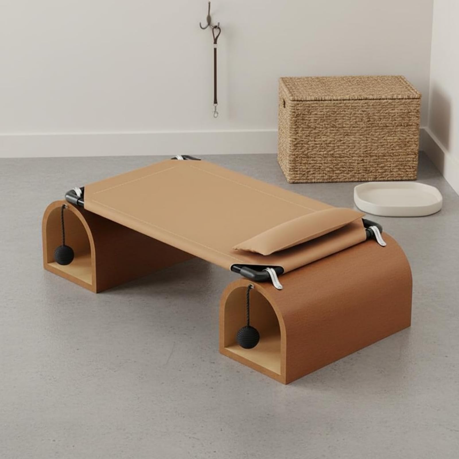 kowaku Tunnel Riposo Letto Gatto Amaca Rifugio Cunicolo con Tessuto Tecnico AntiGraffio Struttura in Legno Ferro Superficie, Marrone, Letto A Tunnel per Gatti