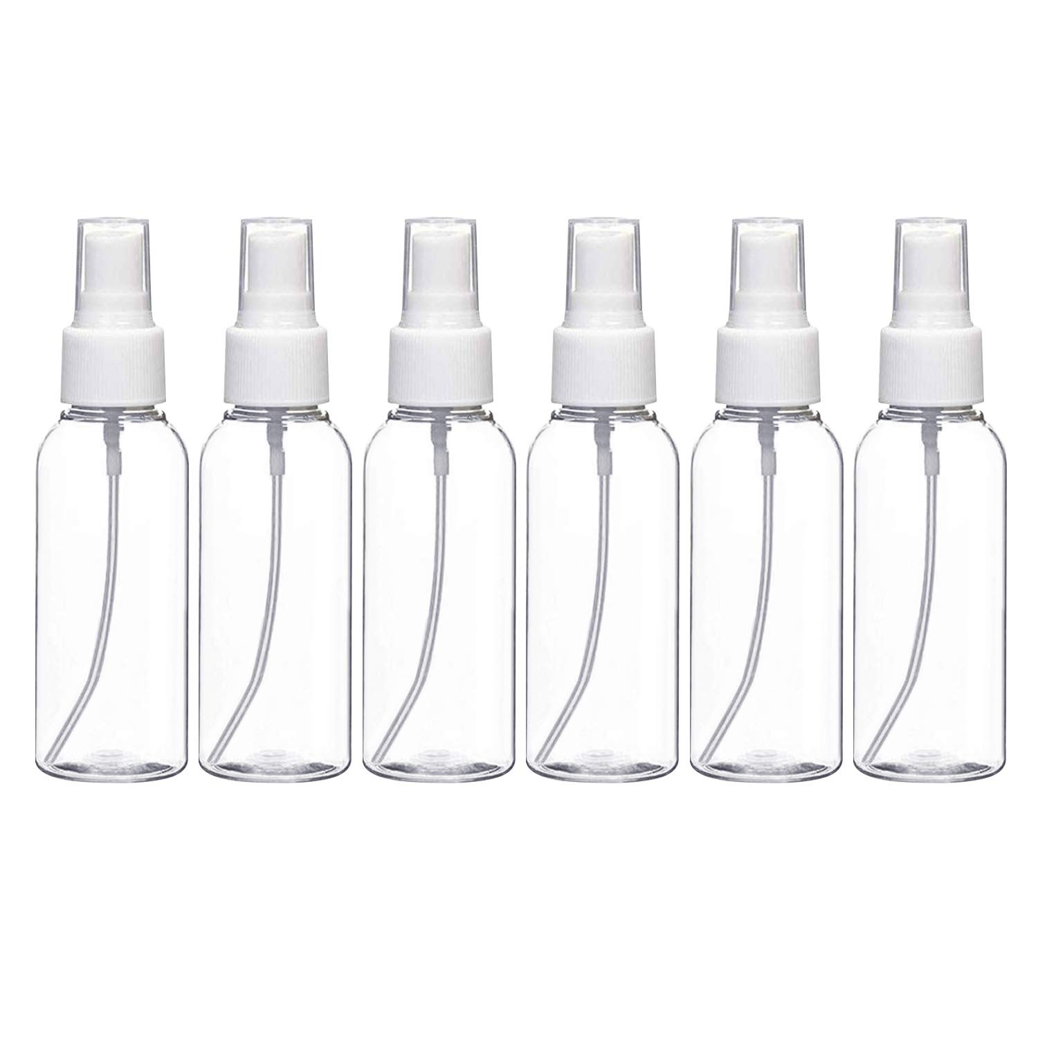 6 unidades de 50 ml botellas de spray de PET portátiles, transparentes, de plástico, vacío, para vacaciones, aceites esenciales, limpieza, maquillaje cosmético, 50 ml