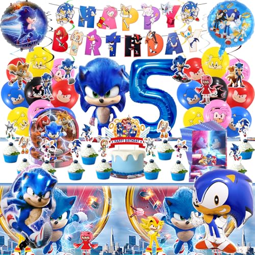 SoNi 5 Years Birthday Decorations Boys Girls- Kids 5th Party Decorations Tableware Set Reusable Birthday Ballons Happy Birthday Banner Paper Plates Napkins Tablecloth Cake Topper for Party Supplies