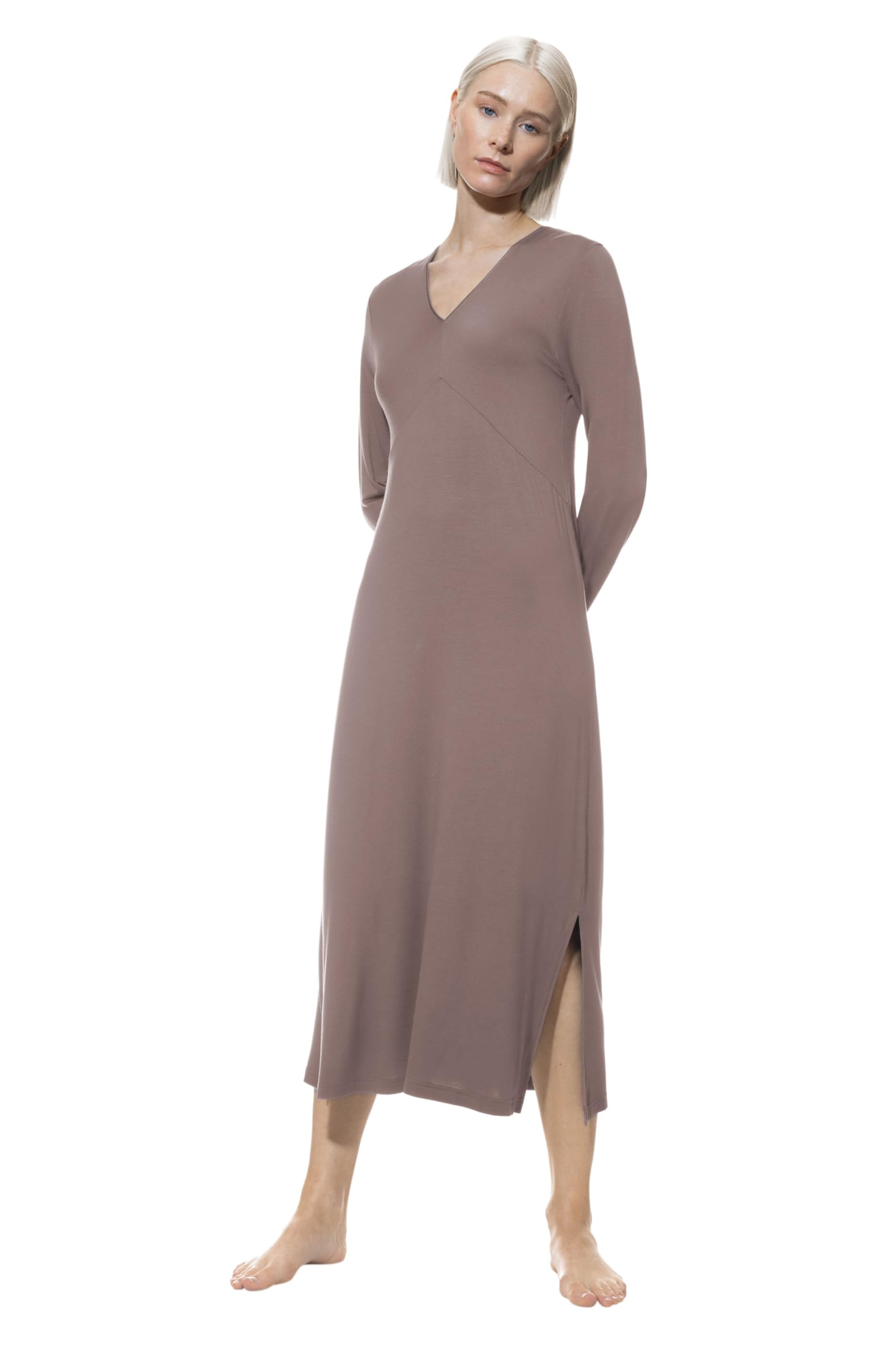 Mey Damen Nachthemd Langarm: Langes Nachthemd,Langarm,V-Ausschnitt,Tailliert,Beinschlitz,Tonale Satindetails,Zeitlos & puristisch, Serie Pure Chic