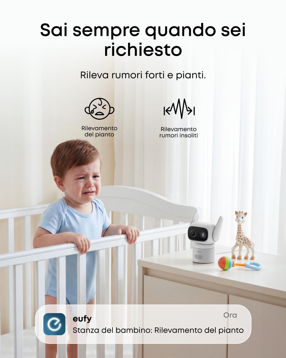 eufy C31 Cam 360° Pan/Tilt per Interni/Esterni, doppia antenna, visione notturna a colori. Registrazione 24/7 su memoria locale, nessun costo mensile. Rilevamento AI per persone/veicoli/animali/pianto