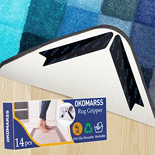 Okomarss 14 Pcs Rug Tape, Adhesive Rug Grippers - Reusable & Washable Rug Gripper For Hardwood Floors, Dual Sided Soft Flexible Non-Slip Rug Grippers For Area Rugs. Easily Peel Off Anti (14) #TOP14