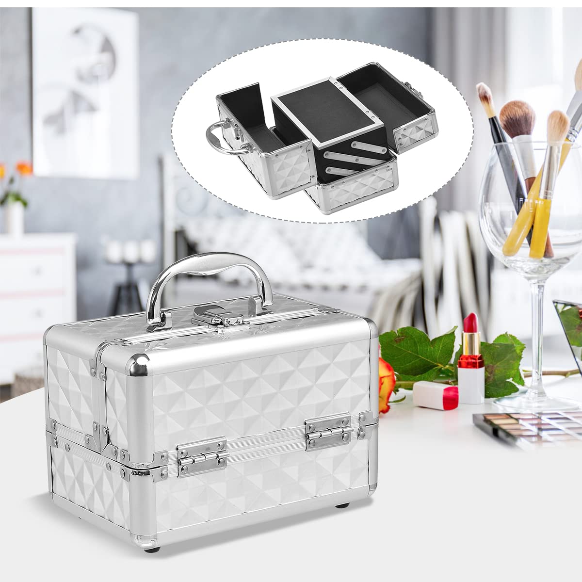 LIFEZEAL Valigetta Rigida Professionale per Trucchi a 3 Livelli, Porta Cosmetici, Trousse, Scatola, Beauty Case, Organizer Makeup, con Specchio, Manico e Chiusura, 23x15x18 cm, Argentato