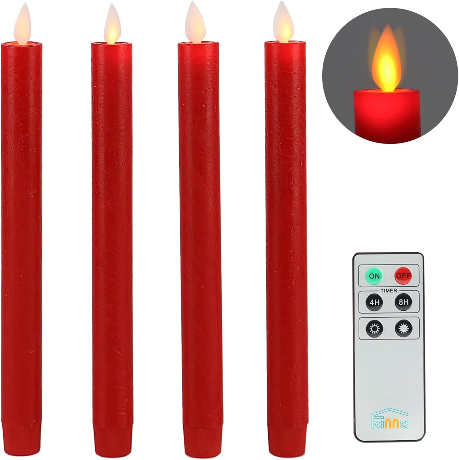 Fanna Red Flameless Taper Candles with Moving Flame, Real Wax Finished