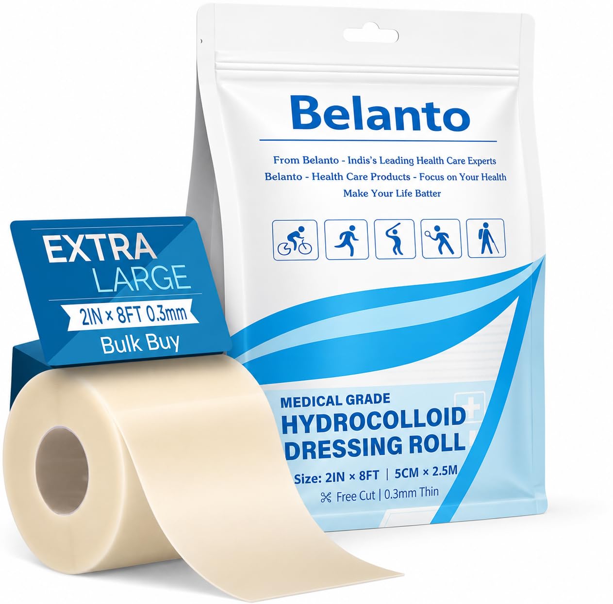 Belanto Medical Grade Hydrocolloid Dressing Roll for Wound Care, Blisters, Burns, Acne & Skin Protection, Waterproof Self Adhesive Patch Tape Bandages, Cut to Size, Skin Friendly, 2in x 8ft-image-26