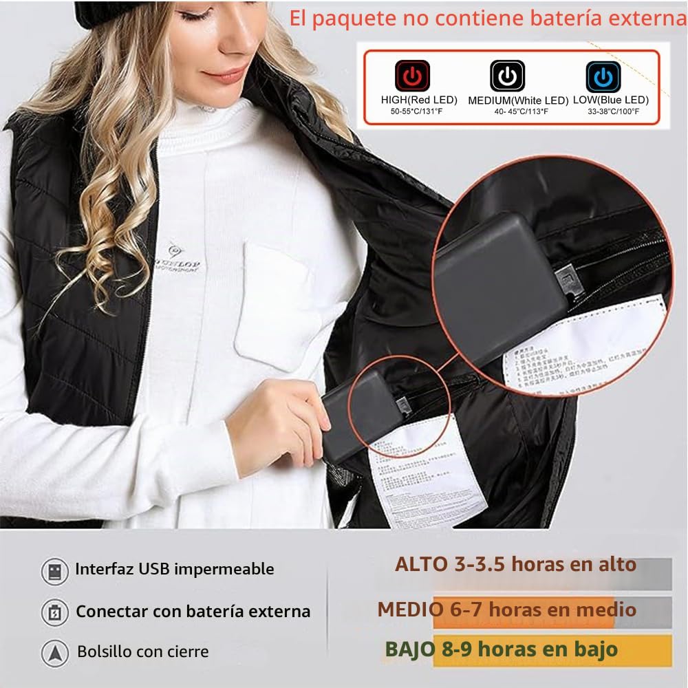 Monave Chaleco calefactable Mujer,Chaqueta Calefactable con 9 Elementos de Calefacción de Fibra de Carbono 3 Niveles de Temperatura Control de Doble Botón Negro