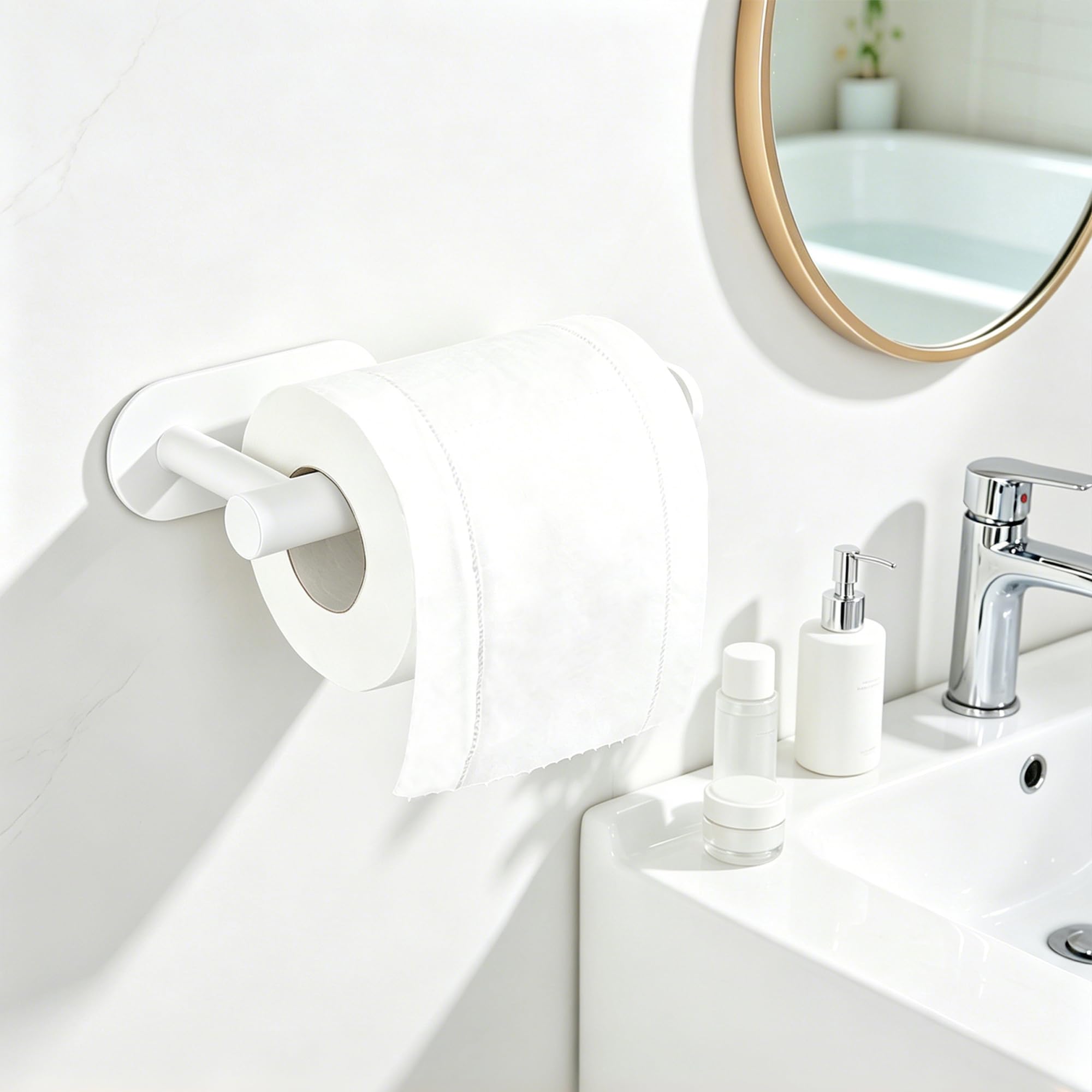 White Toilet Paper Holder, Self Adhesive Toilet Paper Roll Holder No Drilling Wall Mount for Kitchen, Bathroom, Toilet — Amazon image 7