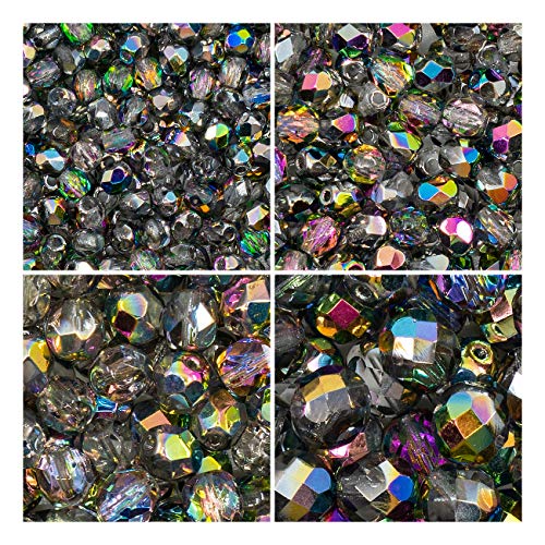 Set of Czech Glass Fire Polished Beads in Crystal Vitrail Color for Making Jewelry and Crafts - Different Sizes 3 mm, 4 mm, 6 mm, 8 mm. Total 275 Pieces.