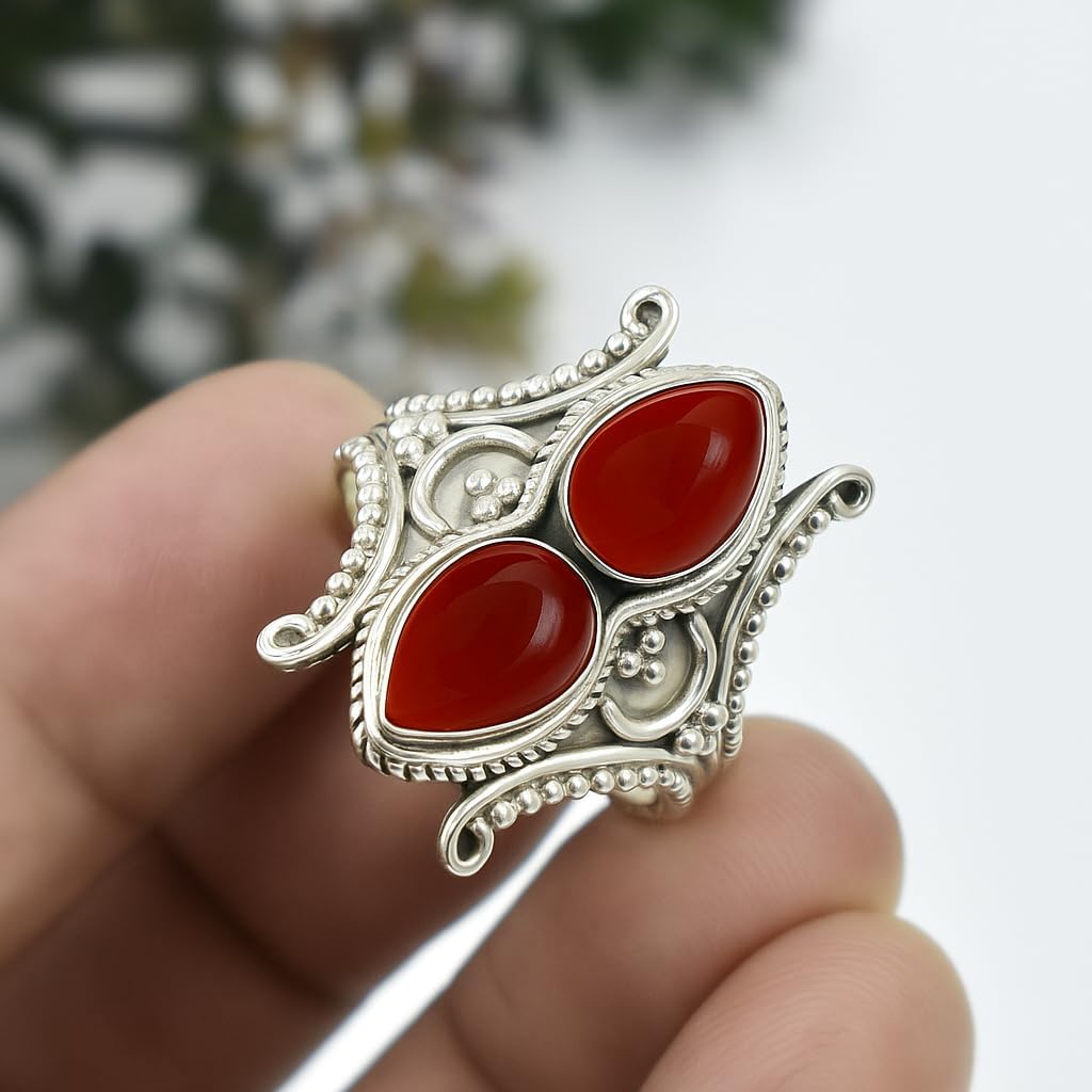 Handmade 925 Sterling Silver Double Pear Cabochon Bohemian Vintage Statement Ring for Women Birthstone Gift Jewelry