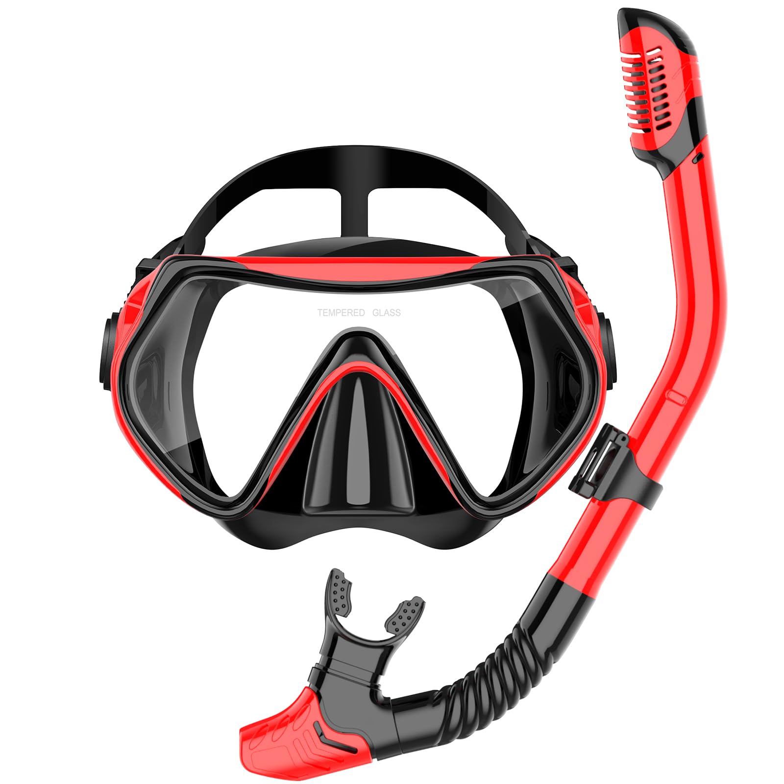 Schnorchelausrüstung für Erwachsene, Schnorchel-Set, Tauchmaske, Dry-Top, Schwimmbrille für Erwachsene mit Nasenabdeckung, HD-gehärtetes Glas, Panorama-Anti-Leck, Anti-Fog (Dunkelrot)