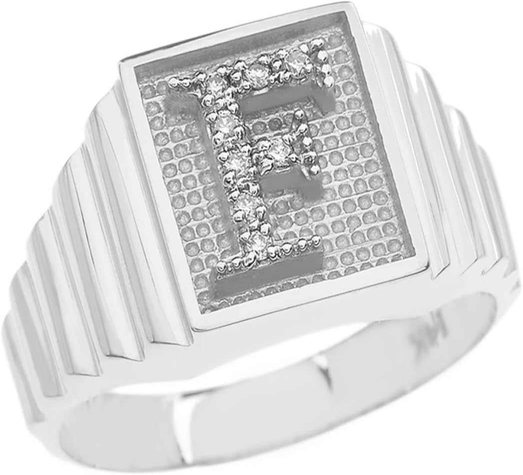 Claddagh Gold 14K White Gold Diamond Letter A-Z Initial Textured Men's Signet Ring with Multiple RingSize