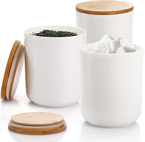 AVLA Paquete de 3 tarros de cerámica para almacenamiento de alimentos con tapas de bambú, recipientes de cocina blancos de 36 onzas líquidas para