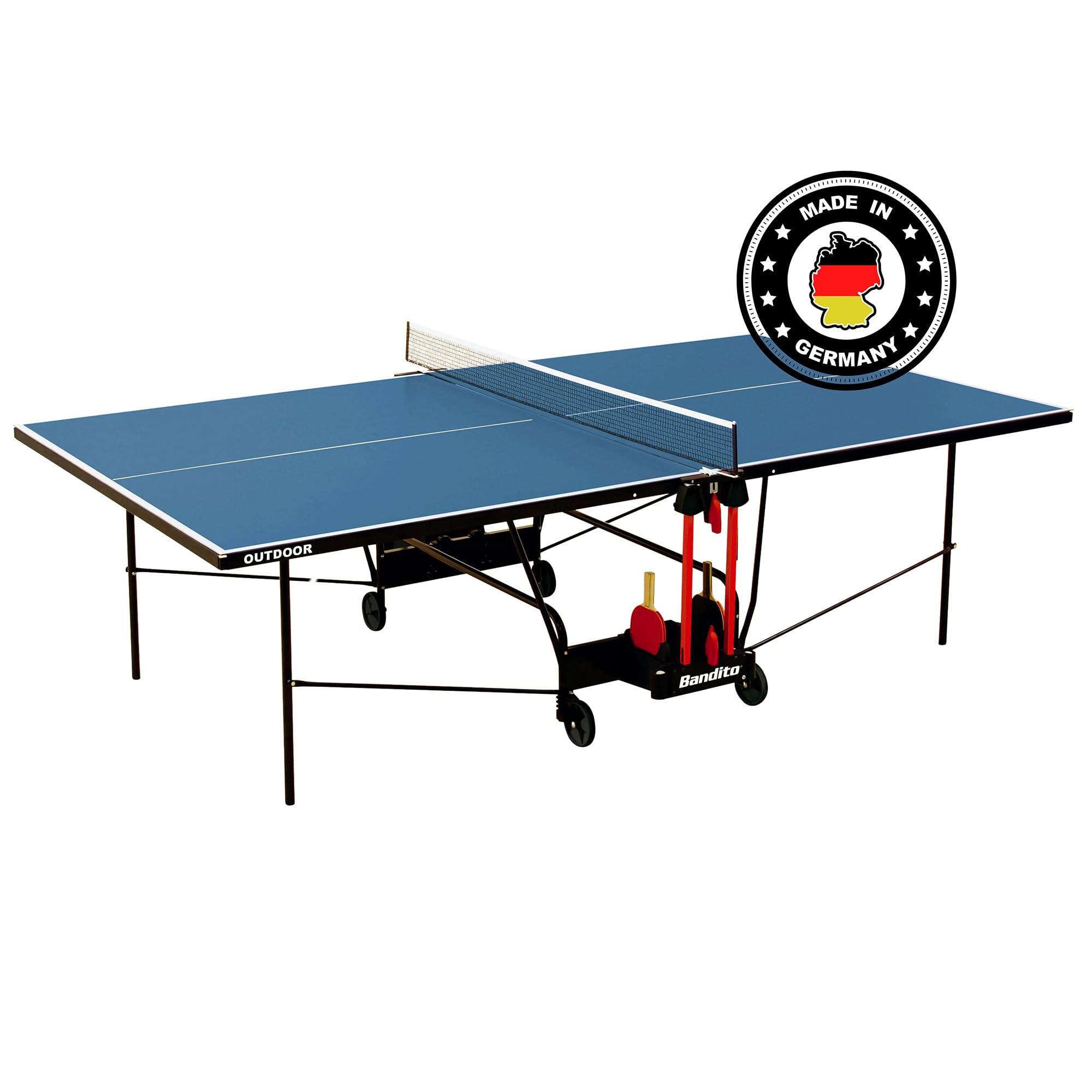 Bandito Profi Tischtennisplatte - Made in Germany, TÜV geprüft, Outdoor & Indoor, Ping Pong Tisch, Turniermaß, klappbar, leicht verstaubar, wasserabweisend, mit Rollen & Netz, 4 mm Melaminharzplatte
