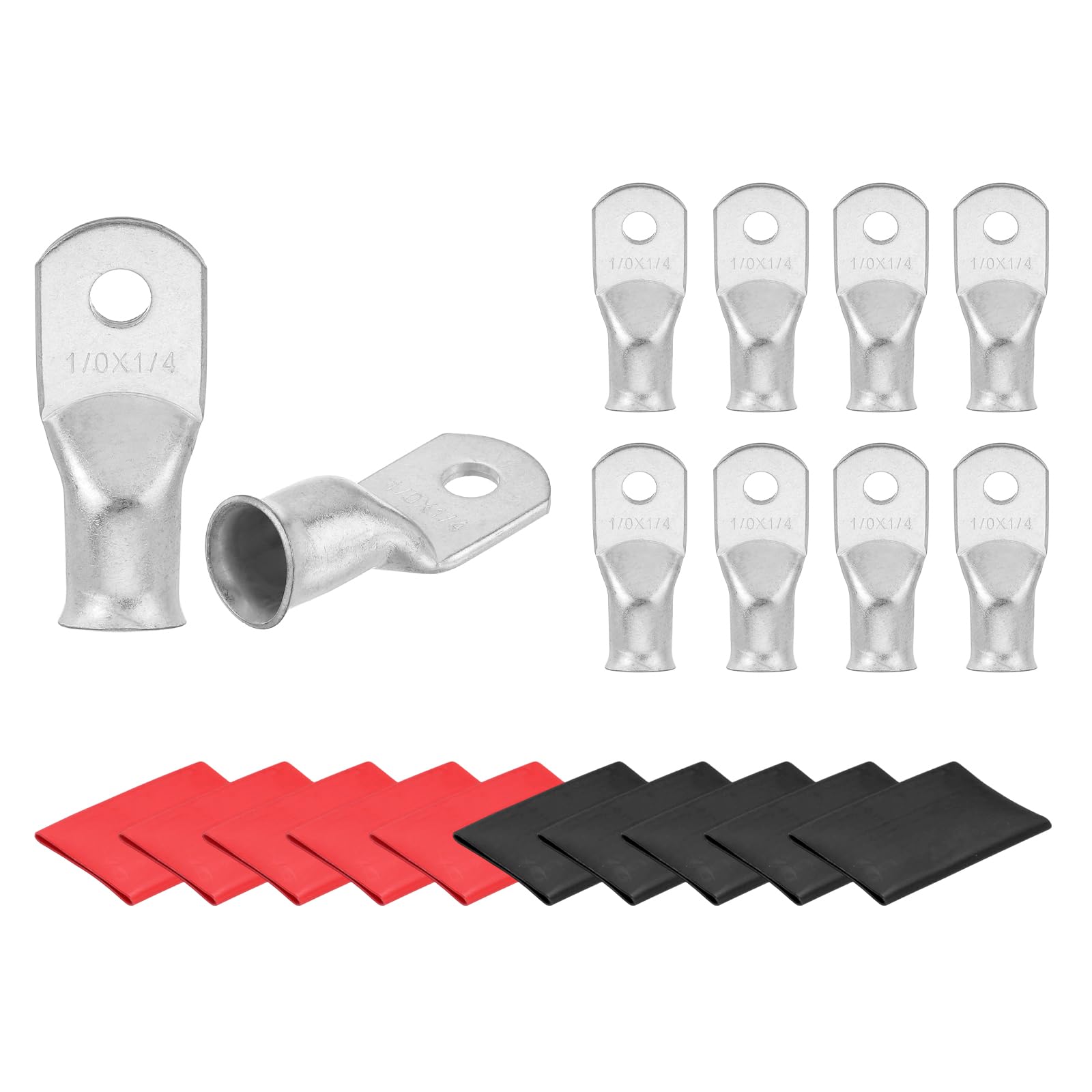 sourcing map 10 Pcs Battery Cable Ends 1/0 AWG 1/4 Inch Tubular Ring Terminals Closed End Crimp Connectors Bare Copper Eyelet with Heat Shrink Tubing, Silver