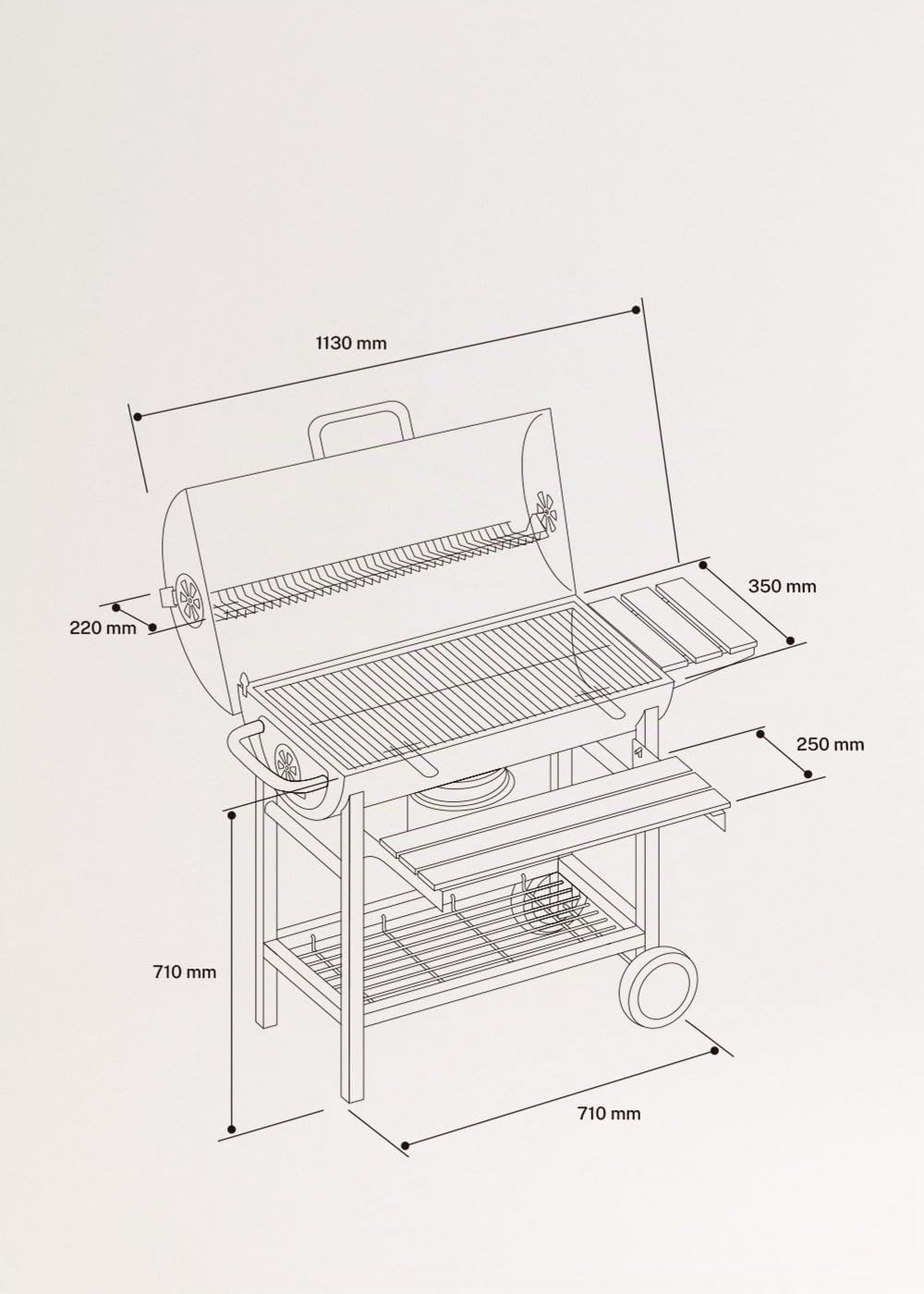 Barbecue affumicatore a carbone con ruote in acciaio inox nero griglia superiore controllo temperatura