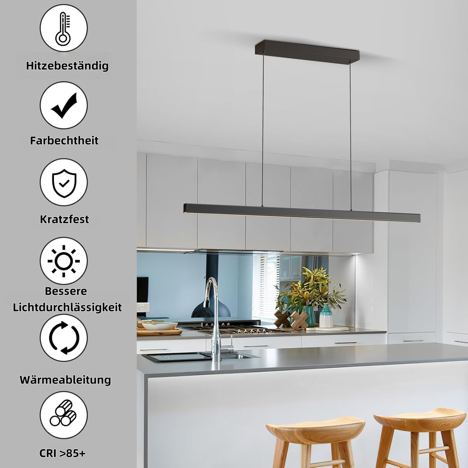 Moderne LED Esstisch Pendelleuchte, 3000K/4000K/6000K 10%–100% Farbtemperatur Linear Lampe Hängend, Dimmbar mit Fernbedienung Hängelampe für Küche, Wohnzimmer, Esszimmer, Schlafzimmer- Schwarz 120CM