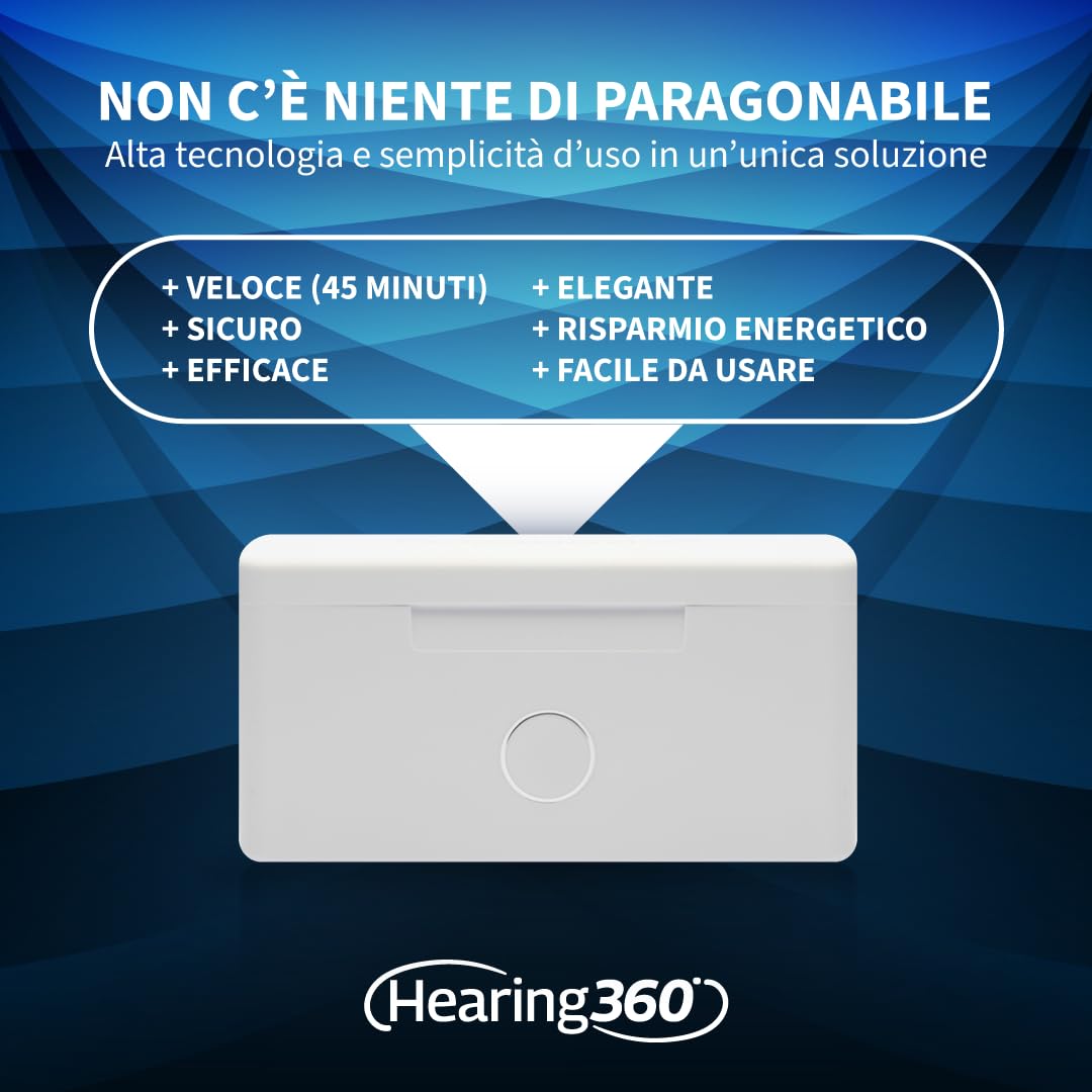 Hearing360 PERFECT DRY LUX stacja czyszcząca UV, osuszanie i suszenie aparatów słuchowych bez baterii wewnętrznych, pulsujący system ciepłego powietrza z automatyczną lampką kontrolną LED