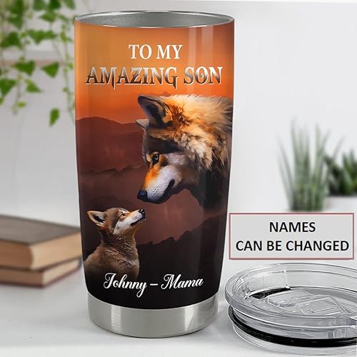 Miniatura 2 de SANDJEST Taza personalizada de lobo para hijo de mamá 20oz 30oz con tapa, regalo para hijo, Navidad, cumpleaños