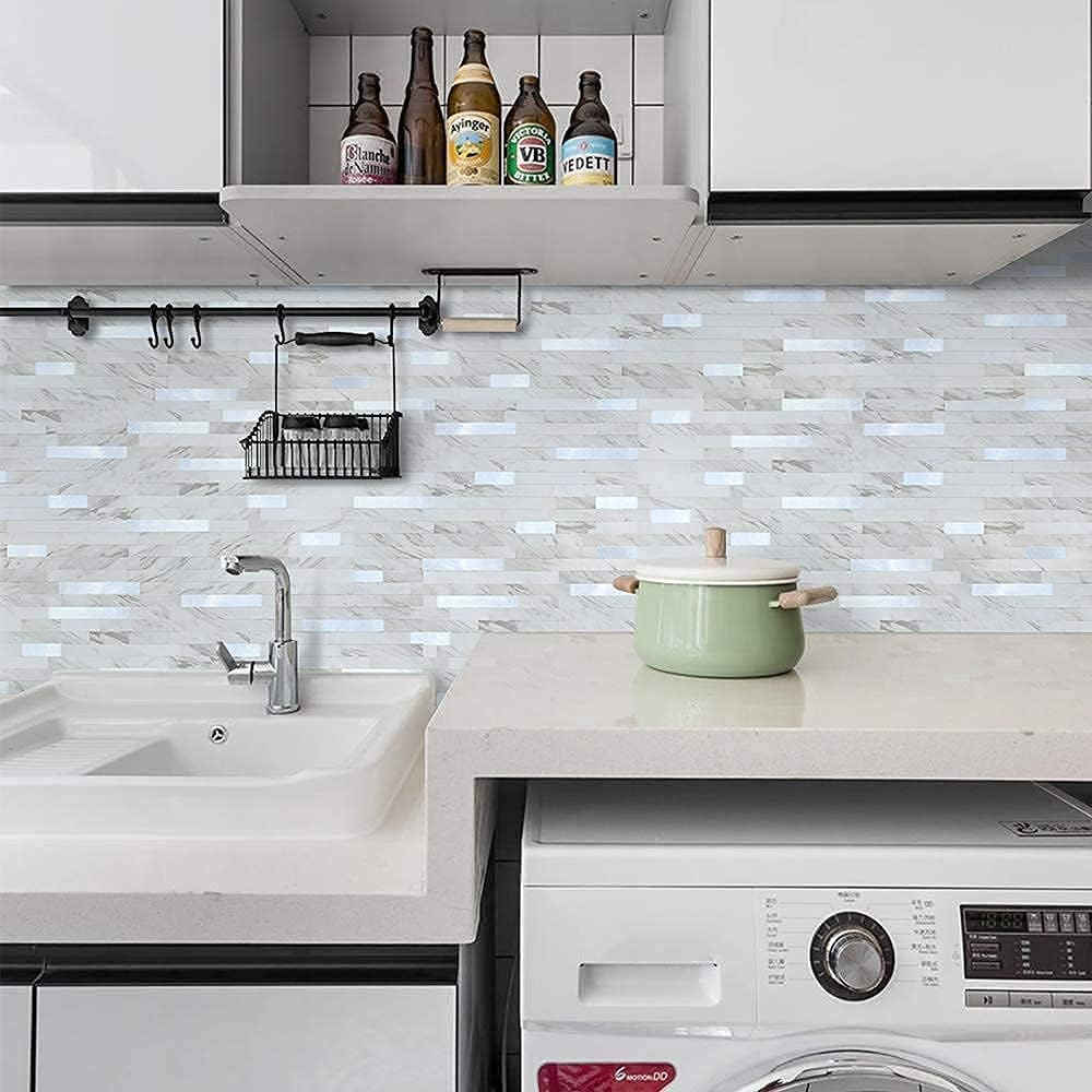 New Arrivals DIH Peel and Stick Backsplash White Marble Tile, Self-Adhesive PVC and Silver Metal Tile for Kitchen Backplash and Stair Riser Decor in Volakas Linear (11.51’’ x 11.81’’, 5 Sheets, 4.68 sqft) Get Special Price DIH Peel and Stick Backsplash White Marble Tile, Self-Adhesive PVC and Silver Metal Tile for Kitchen Backplash and Stair Riser Decor in Volakas Linear (11.51’’ x 11.81’’, 5 Sheets, 4.68 sqft)